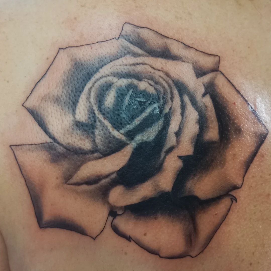 tatouage cover d'une petite rose par une grande rose réaliste en noir et gris